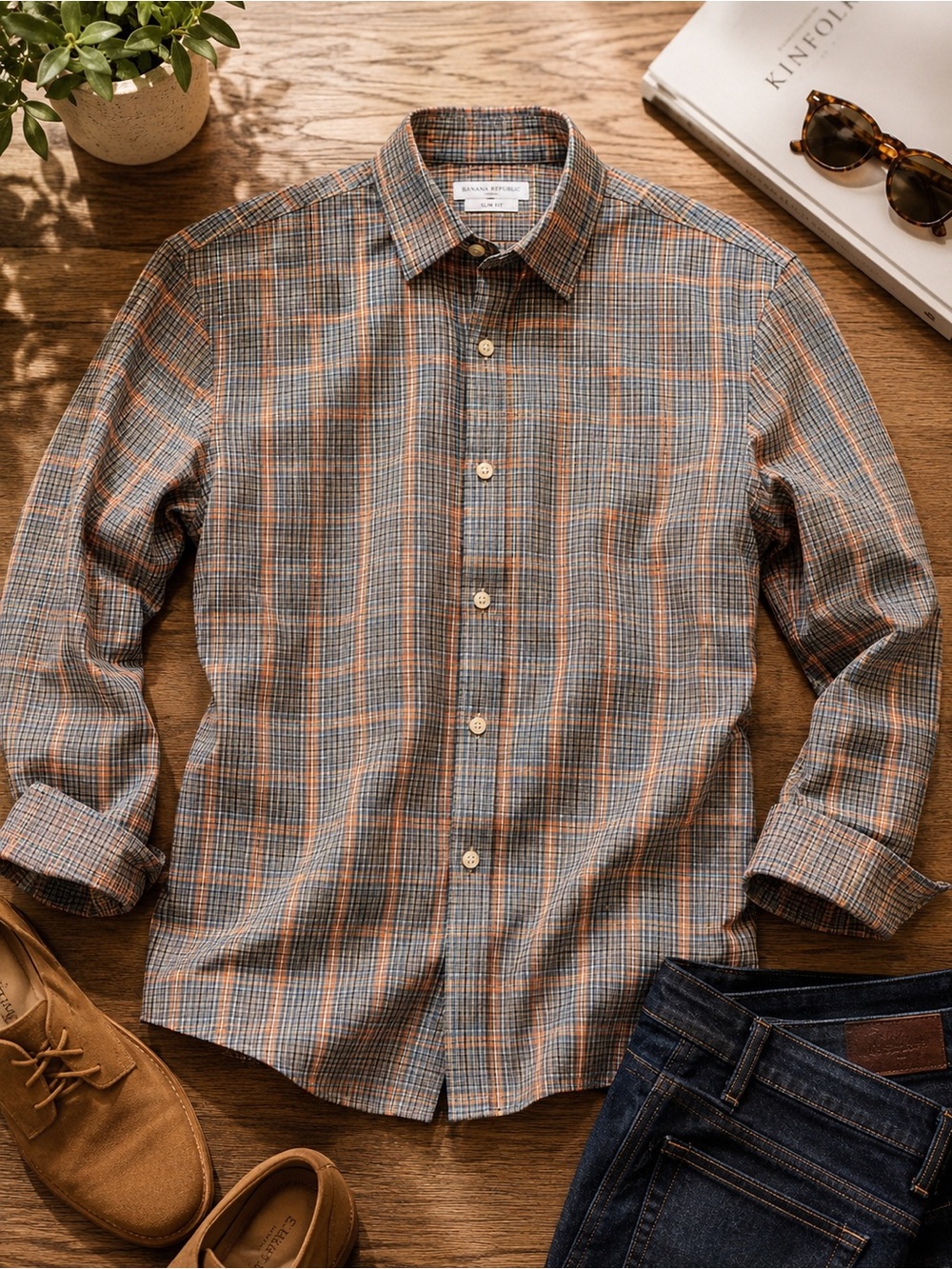 Banana Republic Slim Fit Men’s Dress Shirt Large Plaid Non-Iron Cotton Like New